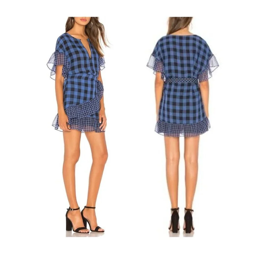 Tularosa Jenny Blue and Black Buffalo/gingham Plaid Wrap Mini Dress, Size M